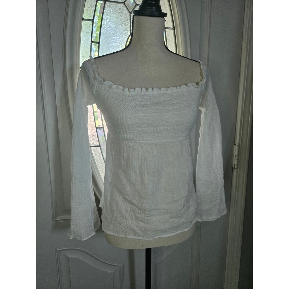 Wet Seal White Smocked Off Shoulder Top Size Small‎ Boho Cottagecore Long Sleeve - Picture 3 of 7